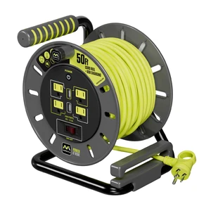 50ft Cord Reel, Retractable Extension Lead with Winding Handle, Safety Overload Circuit Breaker and Power Switch, 4X Grounded Outlets, 2X USB Ports, 13amps, 14AWG Cable 50ft Cord Reel, Retractable Extension Lead with Winding Handle, Safety Overload Circuit Breaker and Power Switch, 4X Grounded Outlets, 2X USB Ports, 13amps, 14AWG Cable