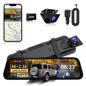 Mirror Dual Dash Camera with Voice Control,4K+2.5K Rear View Mirror Camera with 5.8GHz WiFi and APP Control, WDR Night Vision, Loop Recording, G-Sensor, Parking Monitor 64GB Card Included Mirror Dual Dash Camera with Voice Control,4K+2.5K Rear View Mirror Camera with 5.8GHz WiFi and APP Control, WDR Night Vision, Loop Recording, G-Sensor, Parking Monitor 64GB Card Included