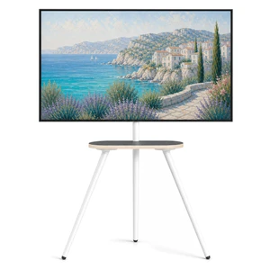 Metal Tripod TV Stand for 43-65" TVs, Swivel, White Height-adjustable easel TV stand, 45° swivel, 22 lb wood shelf, cable clips and VESA up to 400x400 Metal Tripod TV Stand for 43-65" TVs, Swivel, White Height-adjustable easel TV stand, 45° swivel, 22 lb wood shelf, cable clips and VESA up to 400x400