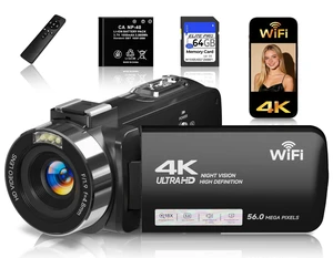 4K Video Camera Camcorder with 64GB SD Card, 56MP WiFi Vlogging Camera for YouTube, IR Night Vision, 3.0" Touch Screen, 18X Zoom, Webcam & Remote, Black 4K Video Camera Camcorder with 64GB SD Card, 56MP WiFi Vlogging Camera for YouTube, IR Night Vision, 3.0" Touch Screen, 18X Zoom, Webcam & Remote, Black