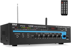Home Compact Public Address Mono Amplifier - Professional 120 Watt Home Power Audio Sound PA Speaker Receiver System w/ RCA, Headphone, 2 Microphone Inputs, Independent Volume Control - PT210 Home Compact Public Address Mono Amplifier - Professional 120 Watt Home Power Audio Sound PA Speaker Receiver System w/ RCA, Headphone, 2 Microphone Inputs, Independent Volume Control - PT210