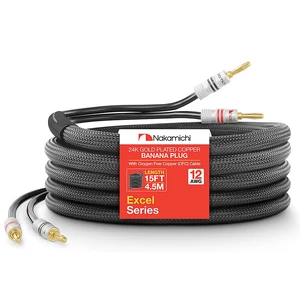 24k Gold Plated Banana Plugs with 12 AWG Speaker Cable 99.9% OFC Oxygen-Free Copper, Excel Series, Heavy Duty Braided for Amplifier Receiver Hi-Fi Stereo Audio Wire - Black (15 feet / 4.5m) 24k Gold Plated Banana Plugs with 12 AWG Speaker Cable 99.9% OFC Oxygen-Free Copper, Excel Series, Heavy Duty Braided for Amplifier Receiver Hi-Fi Stereo Audio Wire - Black (15 feet / 4.5m)