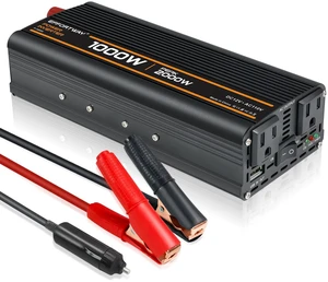 1000W Power Inverter, Inverter 12V to 110V with 2 AC Outlets, 2.1A USB Port, Car Power Inverter with Alligator Battery Clamp for Phone, Laptop on Camping, Road Trip 1000W Power Inverter, Inverter 12V to 110V with 2 AC Outlets, 2.1A USB Port, Car Power Inverter with Alligator Battery Clamp for Phone, Laptop on Camping, Road Trip