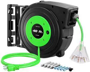 Retractable Extension Cord Reel, 40 FT Heavy Duty Power Cord, 12/3C SJTOW Retractable Cord Reel, Lighted Triple Tap Outlets, 15A Circuit Breaker, Wall/Ceiling Mount, UL Listed, Green Retractable Extension Cord Reel, 40 FT Heavy Duty Power Cord, 12/3C SJTOW Retractable Cord Reel, Lighted Triple Tap Outlets, 15A Circuit Breaker, Wall/Ceiling Mount, UL Listed, Green