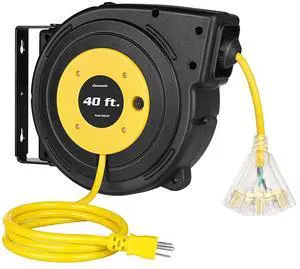 40FT Retractable Extension Cord Reel, Heavy Duty Power Cord Reel with 3-Lighted Triple Outlets, 12AWG/3C SJTOW Cord, 15A Circuit Breaker, Wall/Ceiling Mounted, UL Listed, Yellow 40FT Retractable Extension Cord Reel, Heavy Duty Power Cord Reel with 3-Lighted Triple Outlets, 12AWG/3C SJTOW Cord, 15A Circuit Breaker, Wall/Ceiling Mounted, UL Listed, Yellow