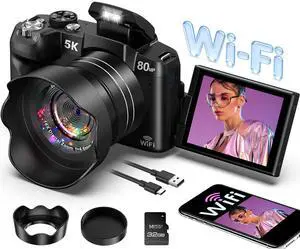 5K Digital Camera 80MP WiFi Cameras for Photography Fast Autofocus Vlogging Camera for YouTube UHD Video Camara for Beginner Travel with 3" 270° Flip Screen, 18X Zoom, Memory Card, Lens Hood 5K Digital Camera 80MP WiFi Cameras for Photography Fast Autofocus Vlogging Camera for YouTube UHD Video Camara for Beginner Travel with 3" 270° Flip Screen, 18X Zoom, Memory Card, Lens Hood