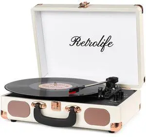 Turntable Vinyl Record Player 3 Speed Suitcase Portable Belt Driven Record Player with Built in Speakers RCA Line Out AUX in Headphone Jack Vintage White Turntable Vinyl Record Player 3 Speed Suitcase Portable Belt Driven Record Player with Built in Speakers RCA Line Out AUX in Headphone Jack Vintage White