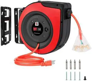 Retractable Extension Cord Reel,75 Feet 14 AWG/3C SJTOW Heavy Duty Power Cord,10 AMP Circuit Breaker, 3-Lighted Triple Outlets,Ceiling or Wall Mount Use Indoor, Red Retractable Extension Cord Reel,75 Feet 14 AWG/3C SJTOW Heavy Duty Power Cord,10 AMP Circuit Breaker, 3-Lighted Triple Outlets,Ceiling or Wall Mount Use Indoor, Red