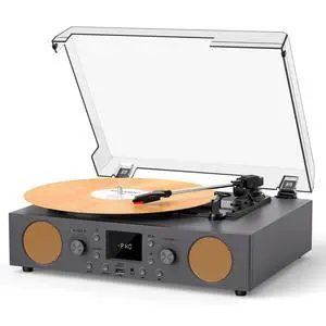 Vinyl Record Player with Speakers, USB Recording Mute Sound, 3 Speed Vintage Turntable with Bluetooth FM Radio RCA Line Out & AXU-in, Grey Record Play Vinyl Record Player with Speakers, USB Recording Mute Sound, 3 Speed Vintage Turntable with Bluetooth FM Radio RCA Line Out & AXU-in, Grey Record Play
