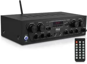 PTA42BT Wireless Karaoke Bluetooth Stereo Receiver - 4 Channel Power Amplifier w/USB,2 Microphone Input w/ Echo,Talkover for PA Great for Home Speaker System,Black PTA42BT Wireless Karaoke Bluetooth Stereo Receiver - 4 Channel Power Amplifier w/USB,2 Microphone Input w/ Echo,Talkover for PA Great for Home Speaker System,Black