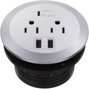 Desktop Power Grommet with 60W PD for MacBook, GaN Desk Grommet with 1 Fast Charging USB-C Port, 2 USB-A Ports and Duplex Receptacles, TTRP48APD60-SV, Silver Desktop Power Grommet with 60W PD for MacBook, GaN Desk Grommet with 1 Fast Charging USB-C Port, 2 USB-A Ports and Duplex Receptacles, TTRP48APD60-SV, Silver