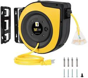 Retractable Extension Cord Reel,75 Feet 14 AWG/3C SJTOW Heavy Duty Power Cord,10 AMP Circuit Breaker, 3-Lighted Triple Outlets,Ceiling or Wall Mount Use Indoor, Yellow Retractable Extension Cord Reel,75 Feet 14 AWG/3C SJTOW Heavy Duty Power Cord,10 AMP Circuit Breaker, 3-Lighted Triple Outlets,Ceiling or Wall Mount Use Indoor, Yellow