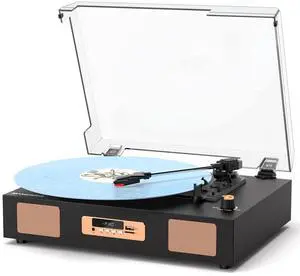 Vintage Vinyl Record Player, 3-Speed Turntable with Bluetooth, USB/SD Recording, Built-in Stereo Speakers, RCA Output, Digital Display Black & Gold Vintage Vinyl Record Player, 3-Speed Turntable with Bluetooth, USB/SD Recording, Built-in Stereo Speakers, RCA Output, Digital Display Black & Gold