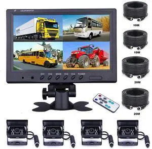 Vehicle Backup Camera 9 Inch 4 Split Monitor+ 4 Cameras with Front & Rear View Camera 18 IR Night Vision Waterproof Auto Camera with 2x33 ft and 2x65 ft Cables for RV, Trailer, Bus,Trucks Vehicle Backup Camera 9 Inch 4 Split Monitor+ 4 Cameras with Front & Rear View Camera 18 IR Night Vision Waterproof Auto Camera with 2x33 ft and 2x65 ft Cables for RV, Trailer, Bus,Trucks