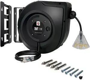 Retractable Extension Cord Reel,75 Feet 14 AWG/3C SJTOW Heavy Duty Power Cord,10 AMP Circuit Breaker, 3-Lighted Triple Outlets,Ceiling or Wall Mount Use Indoor, Black Retractable Extension Cord Reel,75 Feet 14 AWG/3C SJTOW Heavy Duty Power Cord,10 AMP Circuit Breaker, 3-Lighted Triple Outlets,Ceiling or Wall Mount Use Indoor, Black