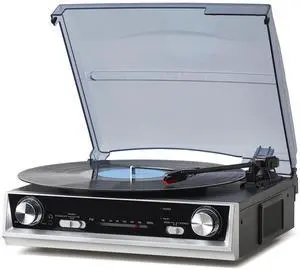 Vinyl Record Player, 3-Speed Vintage Turntable with Built-in Speakers and FM Radio, All-in-One Record Player for Vinyl with RCA Out & Headphone Jack, Black Wood Vinyl Record Player, 3-Speed Vintage Turntable with Built-in Speakers and FM Radio, All-in-One Record Player for Vinyl with RCA Out & Headphone Jack, Black Wood