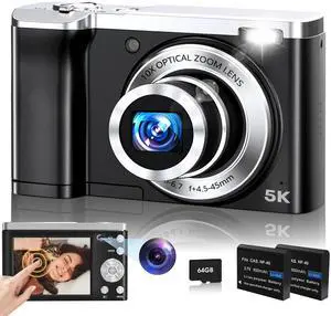 Digital Camera,5K 56MP Cameras for Photography Autofocus,Vlogging Compact Camera with Front and Rear Camera,10X Optical Zoom,6-Axis Anti-Shake,Touch Screen with 64GB SD Card,2 Batteries Digital Camera,5K 56MP Cameras for Photography Autofocus,Vlogging Compact Camera with Front and Rear Camera,10X Optical Zoom,6-Axis Anti-Shake,Touch Screen with 64GB SD Card,2 Batteries