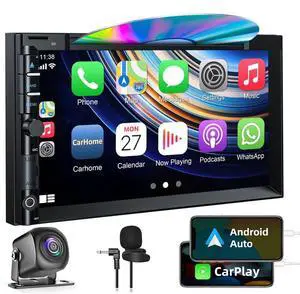 Double Din Car Stereo with CD DVD, Backup Camera Supports CarPlay/Android Auto, 7 inch Touchscreen Car Radio Bluetooth 5.2, AM/FM Radio Receiver Head Unit with Mirror Link, SWC, Subwoofer, USB/TF/AUX Double Din Car Stereo with CD DVD, Backup Camera Supports CarPlay/Android Auto, 7 inch Touchscreen Car Radio Bluetooth 5.2, AM/FM Radio Receiver Head Unit with Mirror Link, SWC, Subwoofer, USB/TF/AUX