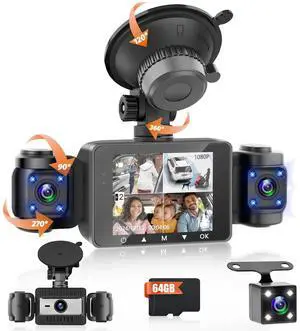 4 Channel Dash Cam 360° View, DashCam Front and Rear Left Right Inside Camera for Cars, with 64GB Card, Night Vision, Loop Recording, G-Sensor, 24H Parking Mode, Suction Cup 4 Channel Dash Cam 360° View, DashCam Front and Rear Left Right Inside Camera for Cars, with 64GB Card, Night Vision, Loop Recording, G-Sensor, 24H Parking Mode, Suction Cup