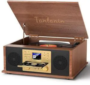 10-in-1 Vintage Record Player Multimedia Center with Built-in Stereo Speakers, CD Player, All in One 3-Speed Vinyl Turntable, Internet Radio, Clock, USB Recording, RCA Out,Walnut 10-in-1 Vintage Record Player Multimedia Center with Built-in Stereo Speakers, CD Player, All in One 3-Speed Vinyl Turntable, Internet Radio, Clock, USB Recording, RCA Out,Walnut