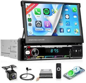 Wireless CarPlay Single Din Car Stereo,5.1 Bluetooth Car Radio AM/FM/RDS,7-Inch 1080P Manual Flip-Out Touch Screen,Android Auto,10EQ,12LED IP69k Backup Camera,GPS,SWC,MirrorLink,SWC,Fast Charging USB Wireless CarPlay Single Din Car Stereo,5.1 Bluetooth Car Radio AM/FM/RDS,7-Inch 1080P Manual Flip-Out Touch Screen,Android Auto,10EQ,12LED IP69k Backup Camera,GPS,SWC,MirrorLink,SWC,Fast Charging USB