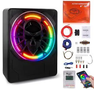 10 Inch Slim Under Seat Powered Car Subwoofer, 1200W Peak Active Subwoofer with Color LED Ambient Light, Built-in Amplifier and Remote, Car/Truck Audio Bass System 10 Inch Slim Under Seat Powered Car Subwoofer, 1200W Peak Active Subwoofer with Color LED Ambient Light, Built-in Amplifier and Remote, Car/Truck Audio Bass System