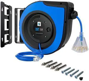 Retractable Extension Cord Reel,75 Feet 14 AWG/3C SJTOW Heavy Duty Power Cord,10 AMP Circuit Breaker, 3-Lighted Triple Outlets,Ceiling or Wall Mount Use Indoor, Blue Retractable Extension Cord Reel,75 Feet 14 AWG/3C SJTOW Heavy Duty Power Cord,10 AMP Circuit Breaker, 3-Lighted Triple Outlets,Ceiling or Wall Mount Use Indoor, Blue