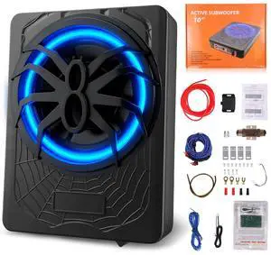 10 1200W Slim Under Seat Powered Car Subwoofer with Blue LED Ambient Light, All-in-One Subwoofer and Amp Package for Car Truck SUV Audio 10 1200W Slim Under Seat Powered Car Subwoofer with Blue LED Ambient Light, All-in-One Subwoofer and Amp Package for Car Truck SUV Audio
