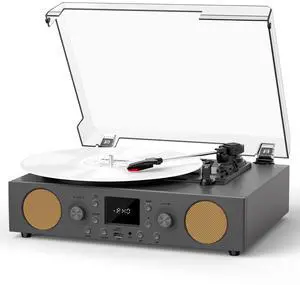 3-Speed Belt-Driven Record Player with Built-in Speakers, Bluetooth Turntable with FM Radio, USB Recording, RCA Line Out, AUX in & Auto Stop Grey 3-Speed Belt-Driven Record Player with Built-in Speakers, Bluetooth Turntable with FM Radio, USB Recording, RCA Line Out, AUX in & Auto Stop Grey