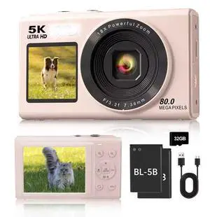 5K Digital Camera, Dual Screens Camera with 18X Digital Zoom, Compact Vlogging Camera for Teens, Beginner-Friendly Gift Pack, 32GB Card & 2 Batteries, Pink 5K Digital Camera, Dual Screens Camera with 18X Digital Zoom, Compact Vlogging Camera for Teens, Beginner-Friendly Gift Pack, 32GB Card & 2 Batteries, Pink