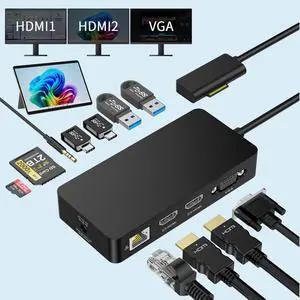 12 in 1 Dock Triple Displays Dual HDMI+VGA with Power Adapter, Docking Station for Pro 11/10/9/8/X/7/6/5/4, Laptop Go/7/6/5/4/3/2/1,Book 12 in 1 Dock Triple Displays Dual HDMI+VGA with Power Adapter, Docking Station for Pro 11/10/9/8/X/7/6/5/4, Laptop Go/7/6/5/4/3/2/1,Book