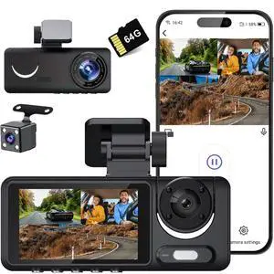 FHD 3 Channel Dash Camera Front and Rear Inside for Cars | Free 64GB SD Card, G-Sensor & WDR, Night Vision, 24H Parking Monitor FHD 3 Channel Dash Camera Front and Rear Inside for Cars | Free 64GB SD Card, G-Sensor & WDR, Night Vision, 24H Parking Monitor