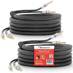 Excel Series 24k Gold Plated Banana Plug with (15 Feet) Speaker Cable Wire 99.9% Oxygen-Free Copper (OFC) Heavy Duty Braided in-Wall CL2 Rated - Black (12AWG / 15ft / 4.5m) 2-Pack Excel Series 24k Gold Plated Banana Plug with (15 Feet) Speaker Cable Wire 99.9% Oxygen-Free Copper (OFC) Heavy Duty Braided in-Wall CL2 Rated - Black (12AWG / 15ft / 4.5m) 2-Pack