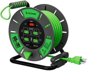 60 FT Retractable Extension Cord Reel, 14AWG SJTOW Heavy Duty Power Cord with 4 Grounded Outlets, USB-A & USB-C Ports, 13A Circuit Breaker, Hand Crank for Indoor Outdoor Use, ETL Listed, Green 60 FT Retractable Extension Cord Reel, 14AWG SJTOW Heavy Duty Power Cord with 4 Grounded Outlets, USB-A & USB-C Ports, 13A Circuit Breaker, Hand Crank for Indoor Outdoor Use, ETL Listed, Green