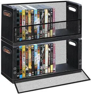 DVD Storage Box, 2 Pack Holds 56 DVDs (28 Each), Stackable Wood & Metal Organizer with Magnetic Opening Door for Blu ray, CDs, Video Game Cases, VHS Tapes DVD Storage Box, 2 Pack Holds 56 DVDs (28 Each), Stackable Wood & Metal Organizer with Magnetic Opening Door for Blu ray, CDs, Video Game Cases, VHS Tapes