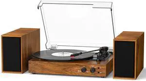 Vinyl Record Player with External Stereo Speakers, Vintage Bluetooth 3-Speed Turntable with Dual Stackable Speakers, PC Recording Vinyl to Digital, RCA-Out& AUX-in, Retro Wood Vinyl Record Player with External Stereo Speakers, Vintage Bluetooth 3-Speed Turntable with Dual Stackable Speakers, PC Recording Vinyl to Digital, RCA-Out& AUX-in, Retro Wood