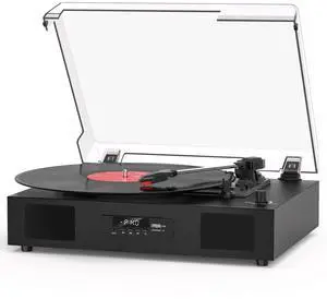 Vinyl Record Player with Built-in Speakers, 3-Speed Belt-Drive Turntable with LED Display, USB & TF Recording, Bluetooth Input, RCA/AUX, Auto Stop, Modern Black Design Vinyl Record Player with Built-in Speakers, 3-Speed Belt-Drive Turntable with LED Display, USB & TF Recording, Bluetooth Input, RCA/AUX, Auto Stop, Modern Black Design