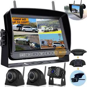 Wireless Backup Camera for RV Truck Trailer Camper Bus 5th Wheel 3 Rear/Side View Cameras 1080P 4-Split 7" Screen with Adapter for Furrion Pre-Wired Night Vision IP69 Waterproof 170° Wide View Angle Wireless Backup Camera for RV Truck Trailer Camper Bus 5th Wheel 3 Rear/Side View Cameras 1080P 4-Split 7" Screen with Adapter for Furrion Pre-Wired Night Vision IP69 Waterproof 170° Wide View Angle