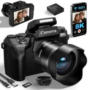 8K Digital Cameras for Photography, WiFi 64MP Vlogging Camera for YouTube, 4" Touch Screen Digital Camera with Dual Lens, Auto Focus, 16X Digital Zoom, 3000mAh Battery, 32GB Card, Black 8K Digital Cameras for Photography, WiFi 64MP Vlogging Camera for YouTube, 4" Touch Screen Digital Camera with Dual Lens, Auto Focus, 16X Digital Zoom, 3000mAh Battery, 32GB Card, Black