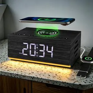 Hoifen Wooden Digital Alarm Clock with Wireless Charging, Bluetooth Speaker & FM Radio, Dual Alarms, Night Light, Dimmable Display, USB Port, 9-Min Snooze Bedside Clock Home Decor Gift (Black) Hoifen Wooden Digital Alarm Clock with Wireless Charging, Bluetooth Speaker & FM Radio, Dual Alarms, Night Light, Dimmable Display, USB Port, 9-Min Snooze Bedside Clock Home Decor Gift (Black)
