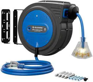 80FT Retractable Extension Cord Reel, 14 AWG/3C SJTOW Heavy Duty Power Cord with Lighted Triple Outlet, 13A Circuit Breaker, 180° Swivel Wall/Ceiling Mount Retractable Cord Reel, ETL Listed, Blue 80FT Retractable Extension Cord Reel, 14 AWG/3C SJTOW Heavy Duty Power Cord with Lighted Triple Outlet, 13A Circuit Breaker, 180° Swivel Wall/Ceiling Mount Retractable Cord Reel, ETL Listed, Blue