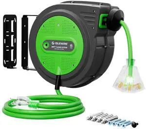 80FT Retractable Extension Cord Reel, 14 AWG/3C SJTOW Heavy Duty Power Cord with Lighted Triple Outlet, 13A Circuit Breaker, 180° Swivel Wall/Ceiling Mount Retractable Cord Reel, ETL Listed, Green 80FT Retractable Extension Cord Reel, 14 AWG/3C SJTOW Heavy Duty Power Cord with Lighted Triple Outlet, 13A Circuit Breaker, 180° Swivel Wall/Ceiling Mount Retractable Cord Reel, ETL Listed, Green
