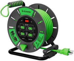 Retractable Extension Cord Reel 80 FT, 14AWG SJTOW Heavy Duty Power Cord with 4 Grounded Outlets, USB-A & USB-C Ports, 13A Circuit Breaker, Hand Crank for Indoor Outdoor Use, ETL Listed, Green Retractable Extension Cord Reel 80 FT, 14AWG SJTOW Heavy Duty Power Cord with 4 Grounded Outlets, USB-A & USB-C Ports, 13A Circuit Breaker, Hand Crank for Indoor Outdoor Use, ETL Listed, Green