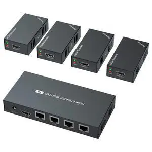 HDMI Extender Splitter 1x4 1080P@60Hz Over Cat 5E/6/7 Ethernet Cable 50m (165ft) Support EDID Copy POC Function (1 in 4 Out) HDMI Extender Splitter 1x4 1080P@60Hz Over Cat 5E/6/7 Ethernet Cable 50m (165ft) Support EDID Copy POC Function (1 in 4 Out)