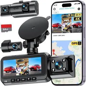 3-Channel Dash Cam 4K for Car: Front, Rear & Inside Dash Camera with 5.8G WiFi & GPS - 24H Parking Mode, 64GB Card for Rideshare Driver 3-Channel Dash Cam 4K for Car: Front, Rear & Inside Dash Camera with 5.8G WiFi & GPS - 24H Parking Mode, 64GB Card for Rideshare Driver