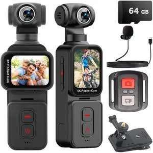 Pocket Camera 5K with Face Detection Automatic Rotating Lens, Vlogging Camera Body Cam with Rotatable Touch Screen, External Mic, Remote Control, 64GB Card Pocket Camera 5K with Face Detection Automatic Rotating Lens, Vlogging Camera Body Cam with Rotatable Touch Screen, External Mic, Remote Control, 64GB Card