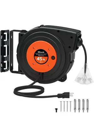Retractable Extension Cord Reel, 45 FT Heavy Duty Power Cord, 12AWG/3C SJTOW, 3 Grounded Outlets Lighted Triple Tap, 15 Amp Circuit Breaker, UL Listed, Orange B45CR06 Retractable Extension Cord Reel, 45 FT Heavy Duty Power Cord, 12AWG/3C SJTOW, 3 Grounded Outlets Lighted Triple Tap, 15 Amp Circuit Breaker, UL Listed, Orange B45CR06