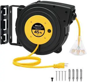 Retractable Extension Cord Reel, 45 FT Heavy Duty Power Cord, 12AWG/3C SJTOW, 3 Grounded Outlets Lighted Triple Tap for Ceiling/Wall Mount, 15 Amp Circuit Breaker, UL Listed, Yellow Y45CR06 Retractable Extension Cord Reel, 45 FT Heavy Duty Power Cord, 12AWG/3C SJTOW, 3 Grounded Outlets Lighted Triple Tap for Ceiling/Wall Mount, 15 Amp Circuit Breaker, UL Listed, Yellow Y45CR06