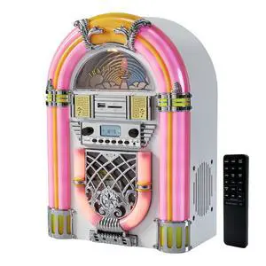 Athena Mini Jukebox/Tabletop CD Player/Bluetooth Speaker/Radio/USB and SD Card Player with Retro LED Lighting System (Pink White) Athena Mini Jukebox/Tabletop CD Player/Bluetooth Speaker/Radio/USB and SD Card Player with Retro LED Lighting System (Pink White)