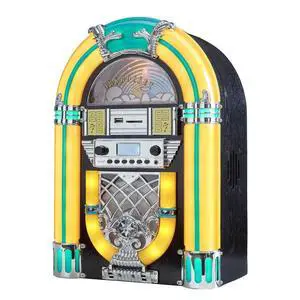 Athena Mini Jukebox/Tabletop CD Player/Bluetooth Speaker/Radio/USB and SD Card Player with Retro LED Lighting System (Yellow Green) Athena Mini Jukebox/Tabletop CD Player/Bluetooth Speaker/Radio/USB and SD Card Player with Retro LED Lighting System (Yellow Green)